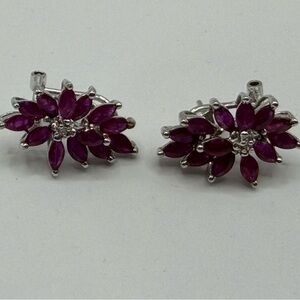 Elegant Ruby and Diamond Flower Earrings in 14K White Gold